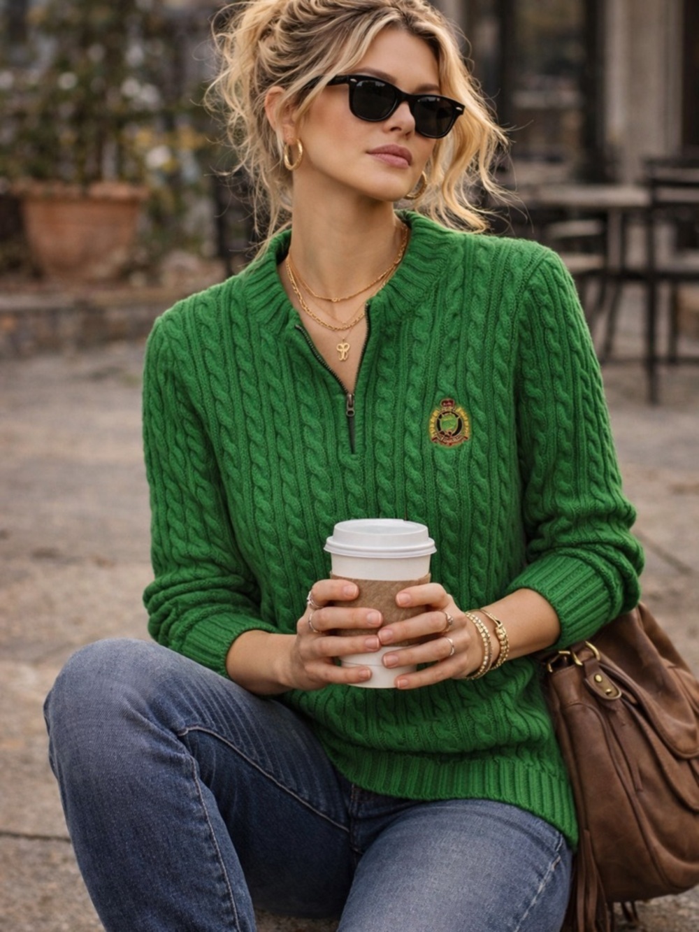 Lauren Ralph Lauren Cable Knit Crest Sweater Green 100% Cotton S (fits M/L)